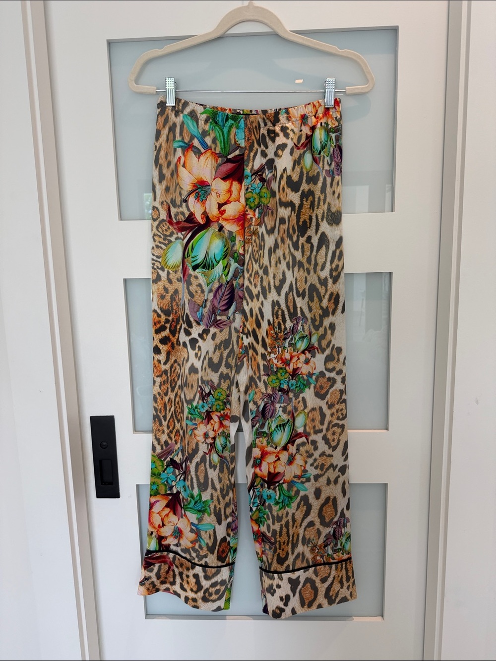 Adriana Iglesias Floral Leopard Print Wide Leg Silk Pants